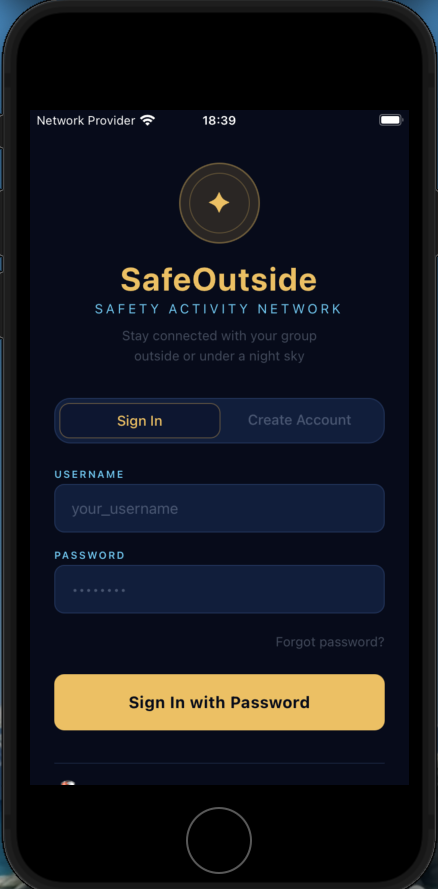 mobile login/register to SafeOutside